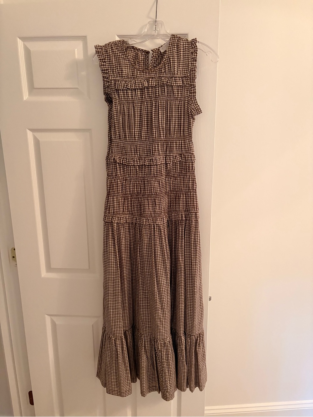 New without tags Caroline Constas Brown and White Gingham Tiered Maxi Dress